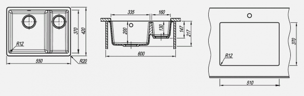 Мойка кухонная керамогранитная Florentina ВЕГА 335/160 22.325.D0510.305  55*42 см. грей