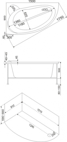 Ванна акриловая BAS ВЕКТРА В 00007 150x90 см. левая  Ванна акриловая BAS ВЕКТРА В 00007 150x90 см. левая