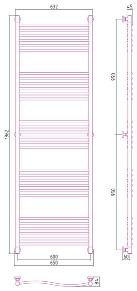 Полотенцесушитель водяной Сунержа ФЛЮИД+ 00-0222-1960 1900х600 