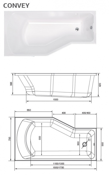 Ванна акриловая 1Marka CONVEY 01кон1775л 150x75 см. левая  Ванна акриловая 1Marka CONVEY 01кон1775л 150x75 см. левая