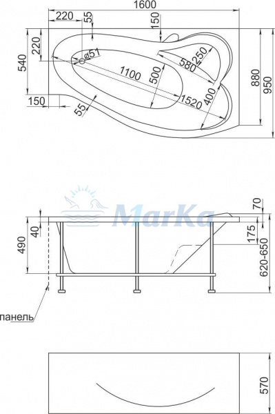 Ванна акриловая 1Marka GRACIA 01гр1695п 160x95 см. правая 