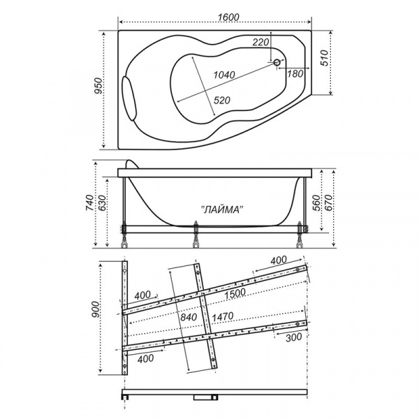 Ванна акриловая Triton ЛАЙМА  160x95 см. правая 