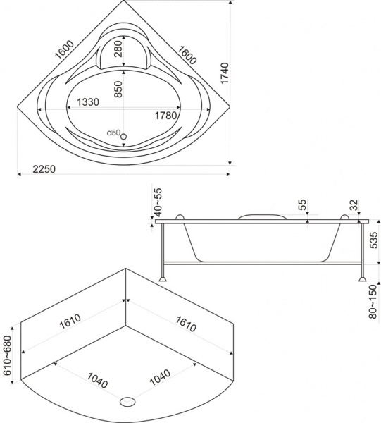 Ванна акриловая BAS МЕГА В 00024 160x160 см. 