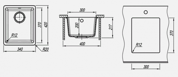Мойка кухонная керамогранитная Florentina ВЕГА 300 22.305.A0300.202 34*42 см. антрацит